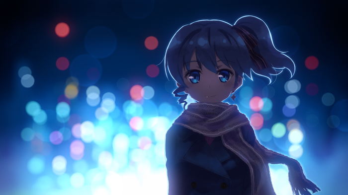 Anime girl with blue hair and scarf in bokeh lights
