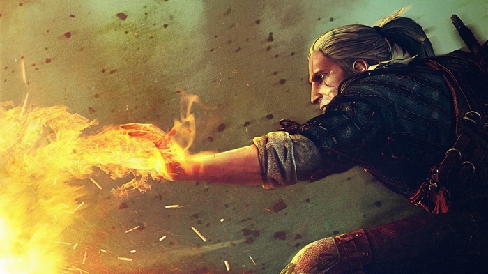Geralt of Rivia casting a fire spell