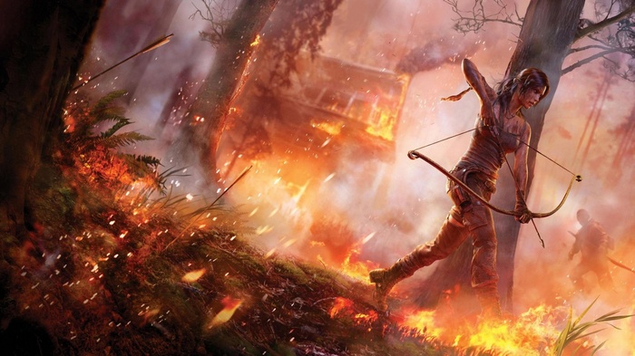 Lara Croft in a burning forest with a bow