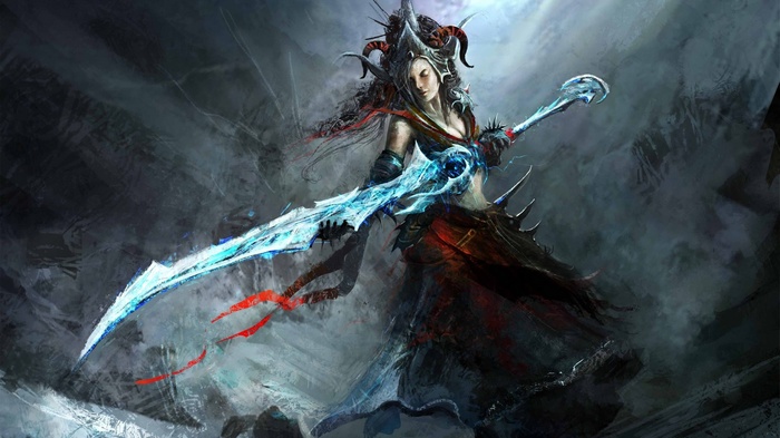 Fantasy woman with glowing sword and horns