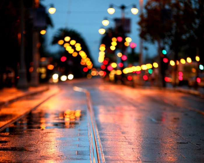 lights, bokeh, puddle, road