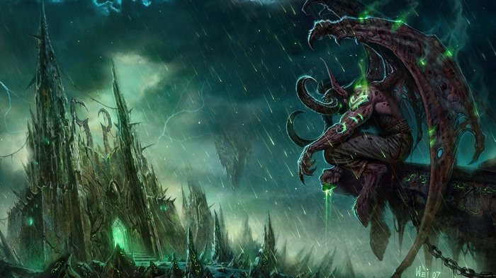 Illidan Stormrage in a dark, stormy environment