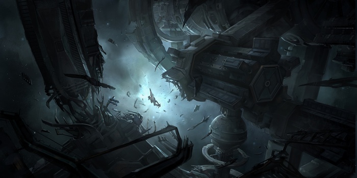 Destroyed futuristic space station with debris and spacecraft