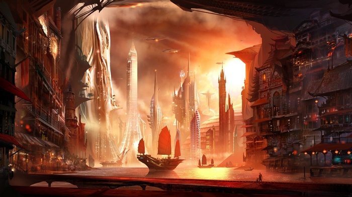 Futuristic city with traditional Asian architecture and flying vehicles