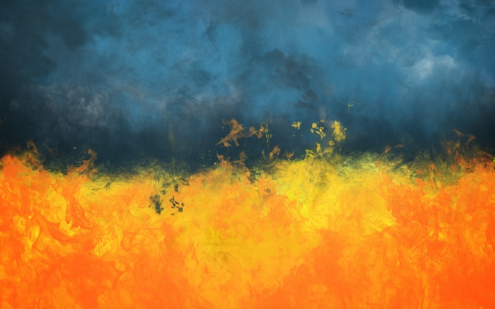 Abstract painting of fire and smoke in Ukraine colors