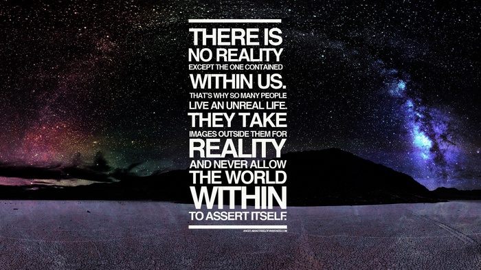 Quote about reality and inner world against a starry sky