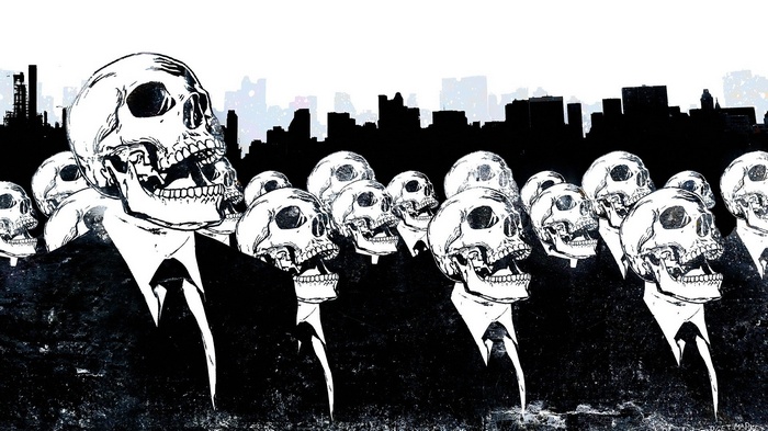 Alex Cherry artwork of skeletons in suits with a city skyline