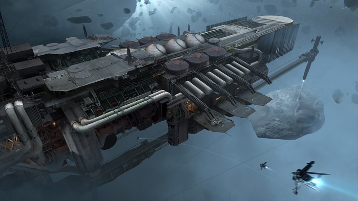 Star Citizen spaceship in a debris field