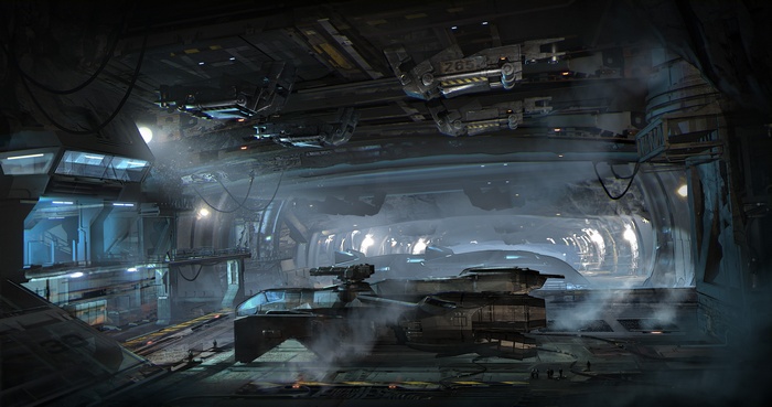 Star Citizen spaceship hangar with futuristic vehicles