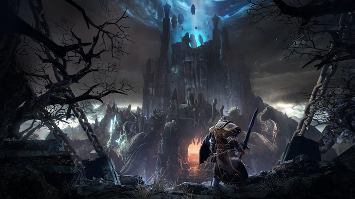 Lords of the Fallen character in front of a dark castle