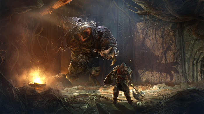 Lords of the Fallen: Warrior fights a chained monster