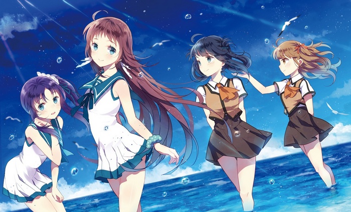 Anime girls in sailor uniforms at the beach