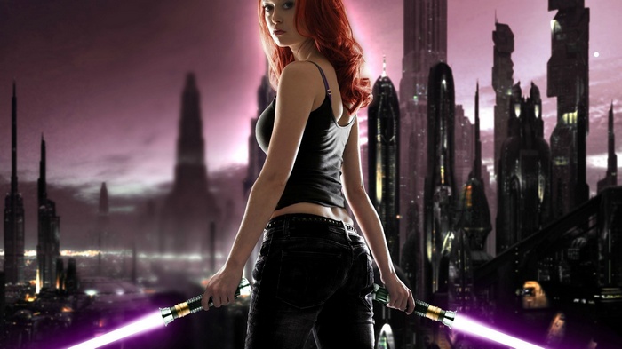 Redhead woman with lightsabers in futuristic city