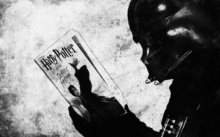Harry Potter, Sith, mix up, humor, Star Wars, Darth Vader, monochrome, Harry Potter and the Deathly Hallows
