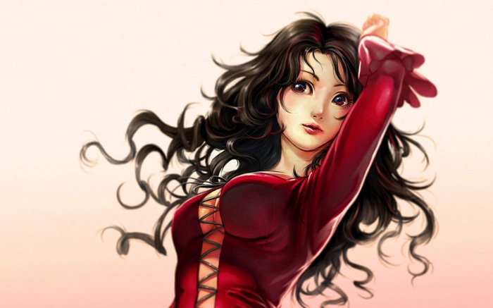 Anime girl with long black hair in red dress