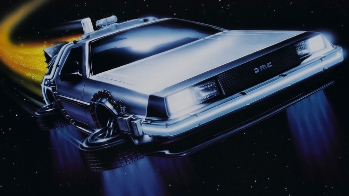 DeLorean time machine flying through space