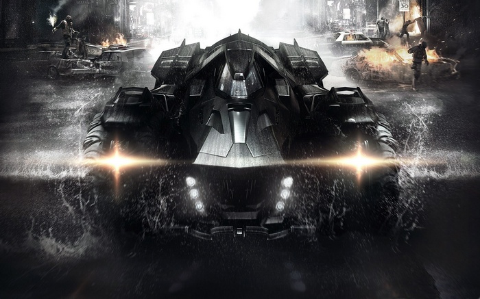 Batman: Arkham Knight Batmobile in a rainy city