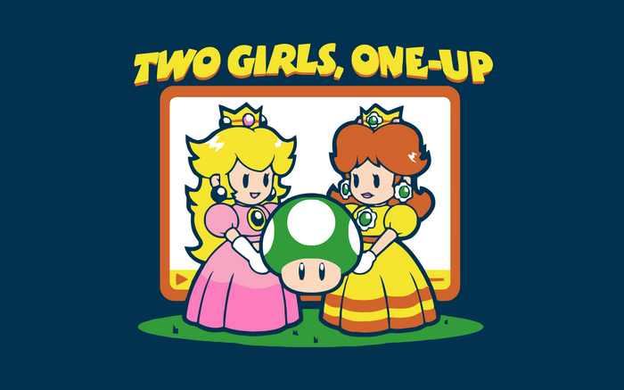 Princess Peach and Daisy holding a 1-Up Mushroom