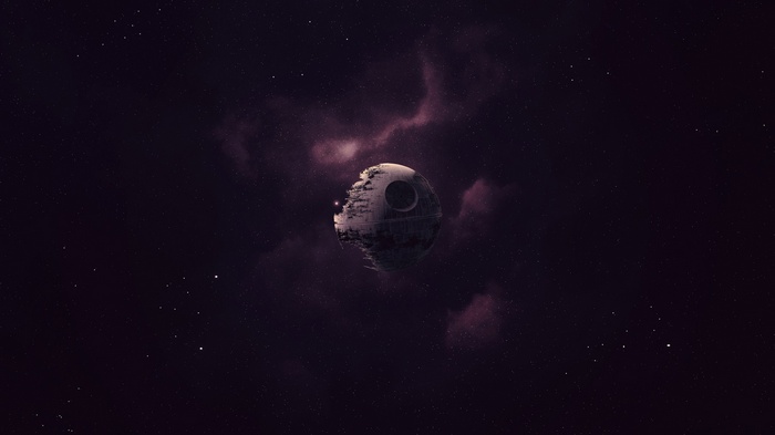 The Death Star in space with purple nebulae