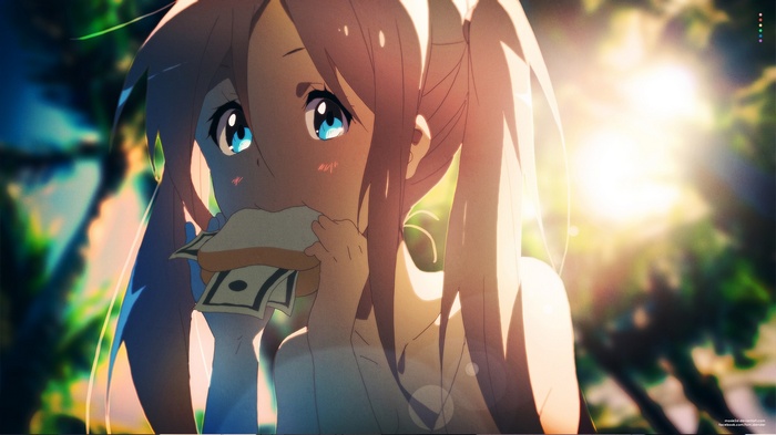 Anime girl eating a sandwich with money