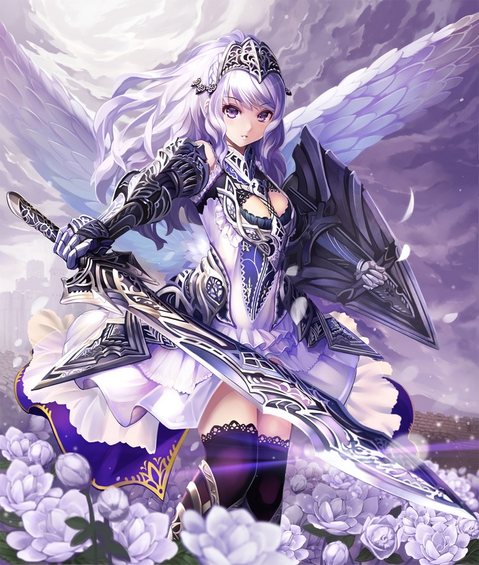 anime, flowers, thigh-highs, sword, original characters, wings, anime girls