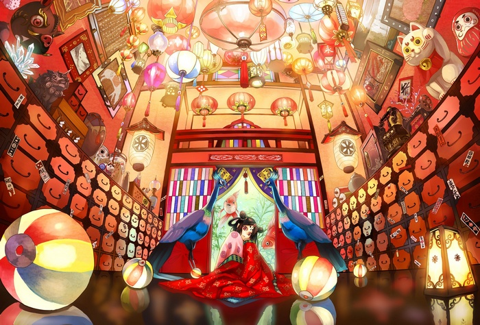 Anime girl in a room filled with lanterns and peacocks