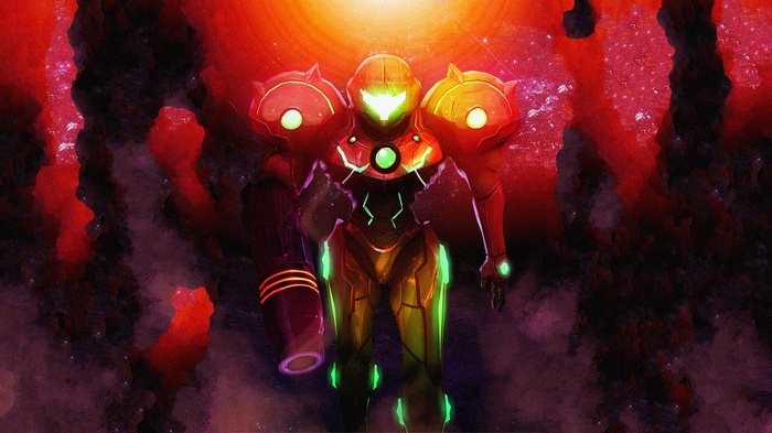 Samus Aran in a red and orange suit