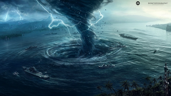 Massive Hurricane Vortex with Ships and Lightning