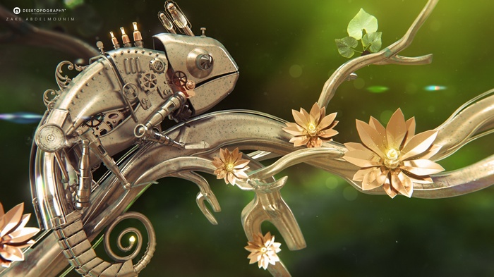 Steampunk Chameleon on a Branch with Flowers