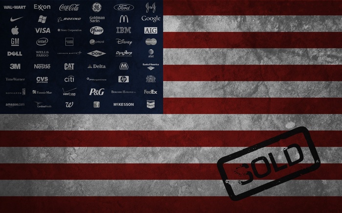 American flag with corporate logos and a 'SOLD' stamp