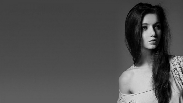 Monochrome portrait of a woman with long hair