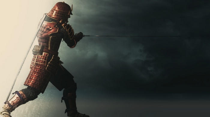 Samurai warrior with katana against stormy sky