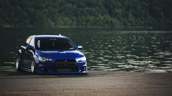 Blue Mitsubishi Lancer Evo X Stance Car