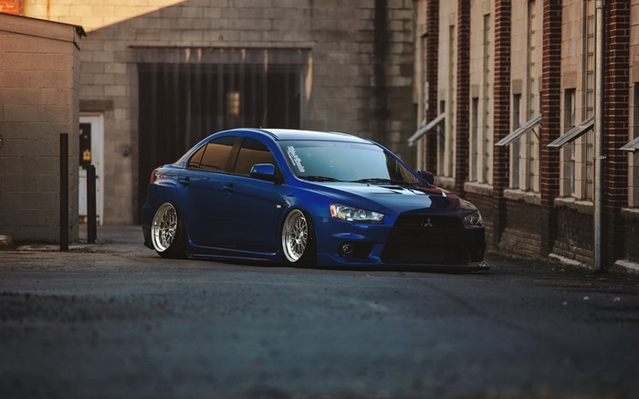 Blue Mitsubishi Lancer Evo X Stance Car