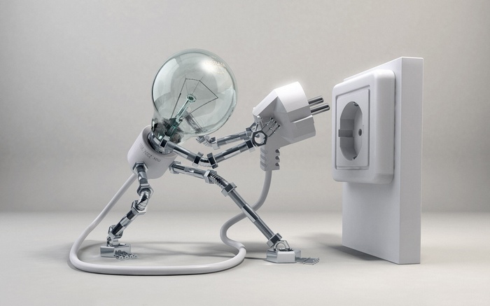 Robot lightbulb plugging into an electrical outlet