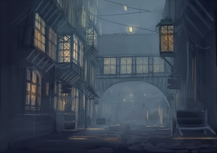 Anime cityscape at night with illuminated buildings
