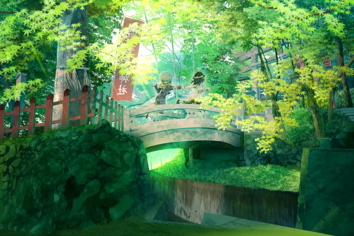 Anime characters on a bridge in a forest