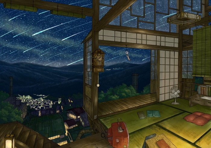 Anime interior with shooting stars and city view