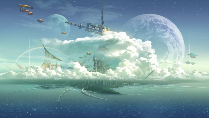 Futuristic city in the clouds with planets in the sky