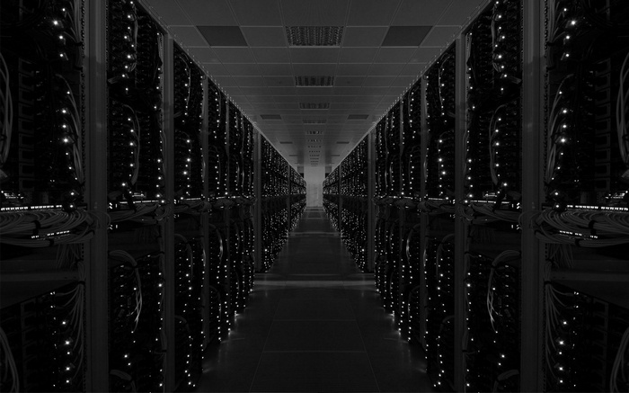 Monochrome data center with rows of servers