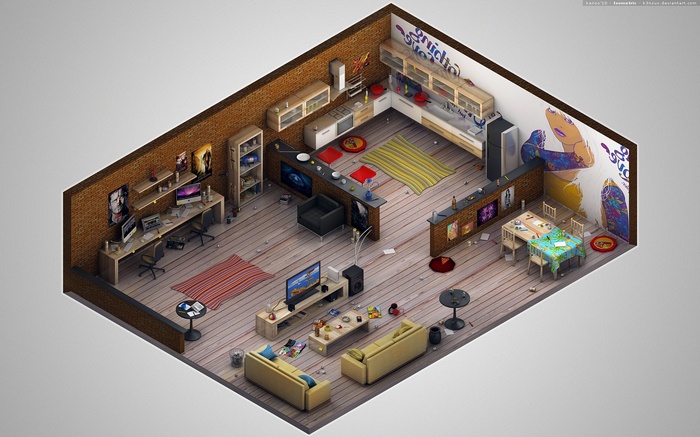 Isometric render of a messy, modern apartment interior