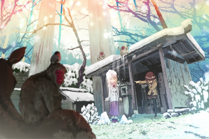 Anime girls and monkeys in a snowy forest