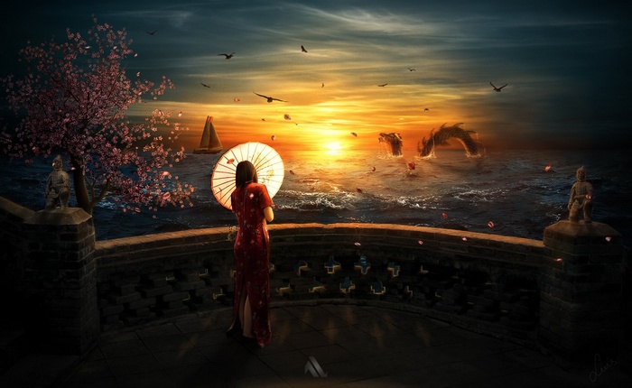 Woman with Umbrella Watches Dragon in Ocean at Sunset