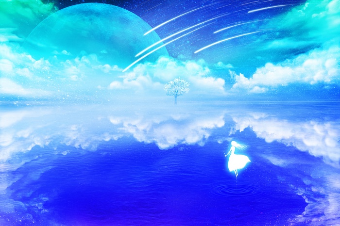 Anime girl floating on water under a planet and stars
