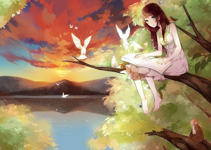 Anime girl reading a book on a tree branch with birds
