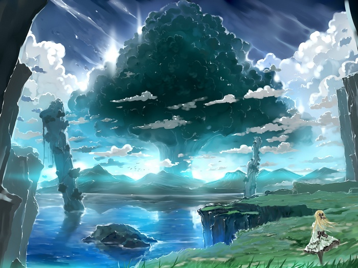 Anime girl in a fantasy landscape with a giant tree