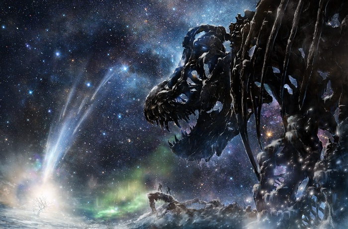 Giant dinosaur skeleton in a starry galaxy
