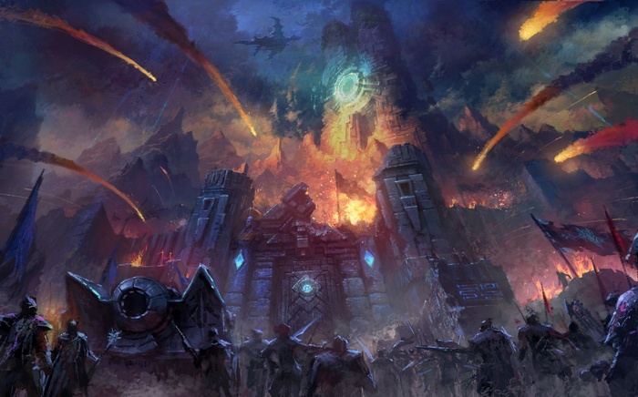Fantasy battle with meteor shower over a fortress