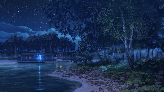 Anime night scene with stars over a lake and forest