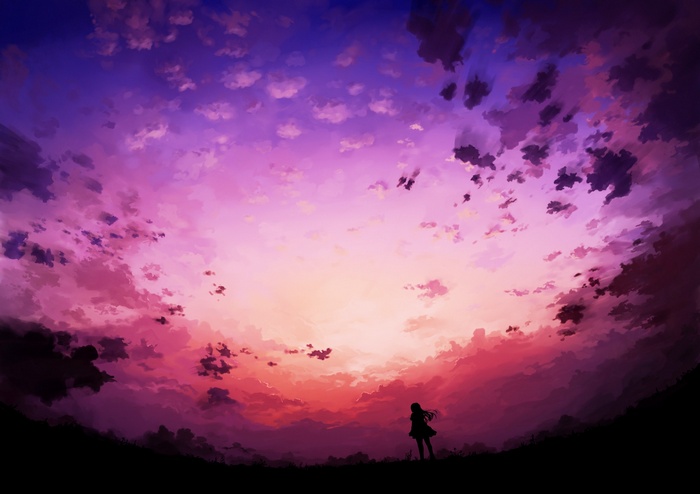 Anime girl silhouetted against a vibrant sunset sky